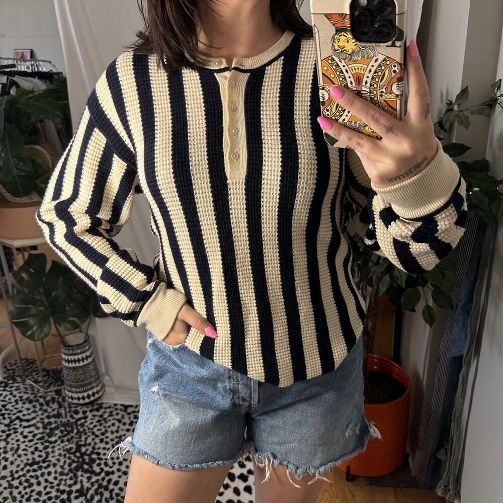 T by Alexander Wang Waffle Knit Henley Sweater Stripe Navy Beige Size XS